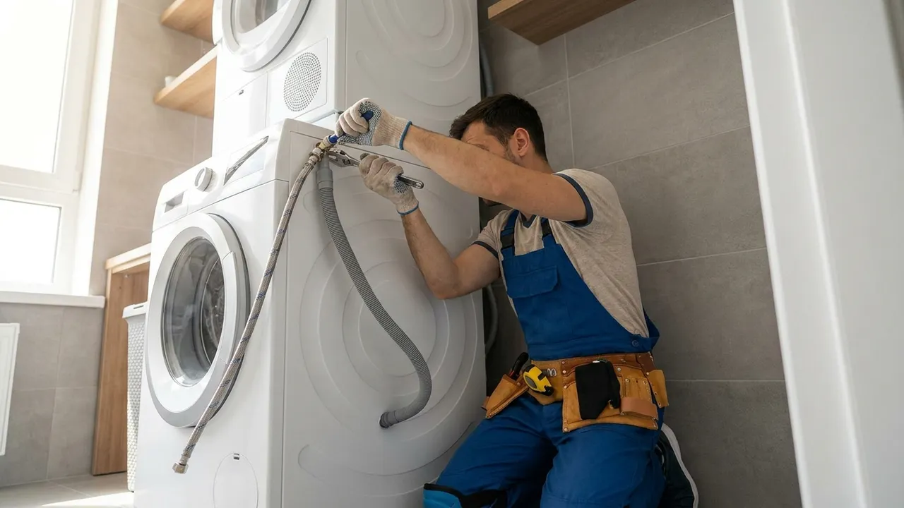 Branchement d'un lave-linge dans la cuisine d'un appartement à Villeneuve-la-Garenne